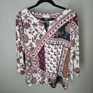 Calvin Klein Floral Blouse ¾ Sleeves Gold Detail Size L Workwear